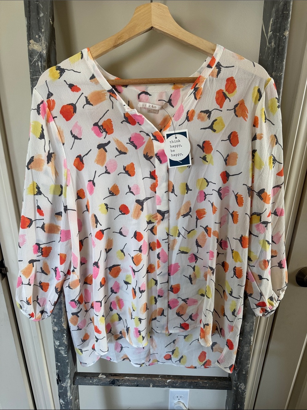 C & E Lightweight White Floral Print Blouse - Multicolor Petal Pattern